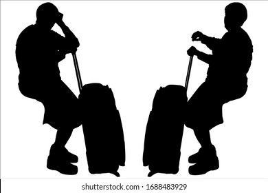 Traveler with baggage is sitting in the waiting room. Old woman with a bag on wheels awaits departure. Grandmother sits and looks at the wristwatch. Tired older tourist. Flight delay. Black silhouette