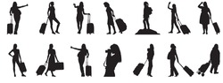 Traveler With Bags Rolling Suitcase Silhouette Collection. 