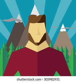 Traveler with a beard and mountains on the background