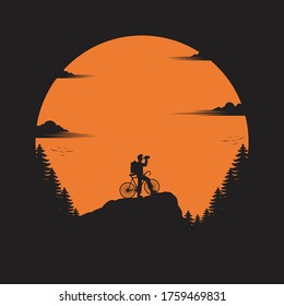 Traveler with bicycle standing looking on the valley. The man watches nature. Travel concept, silhouette vector, sunset background, exploring, Hiking in the forest. Adventure tourism. illustration