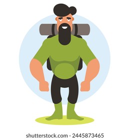 Traveler with a big beard with a backpack in green boots. Vector graphics