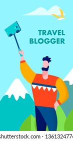 Traveler Blogger Sharing Memories in Stories Social Network Card Man Taking Selfie on Highland Panorama Scene Vector Illustration Traveling Backpacking Hiking Trekking Tourist Media Blog