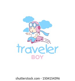 Traveler boy with his case fly cross the world
