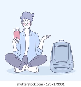 Traveler boy sit down illustration design of vector.