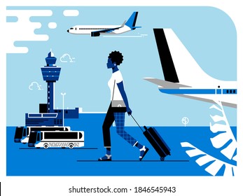 Traveler Business women travel with leave luggage for meet at the airport fly to see work in foreign countries. Flat vector illustration