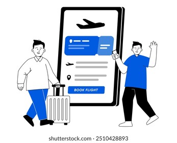 Viajero compra boleto de reserva de vuelo en línea desde el teléfono inteligente Grande pantalla de reserva de vuelo en blanco y negro con ilustración azul 