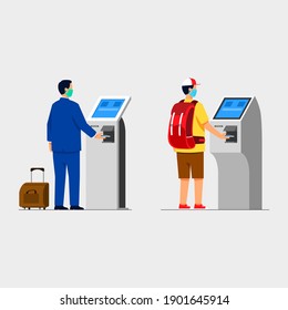 Traveler buying trip ticket with automatic contactless cashier machine. 