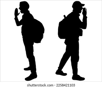 The traveler calls for help. A tourist in a cap with a backpack behind his back puts his hand to his face and screams loudly. Two tourists got lost and stood with their backs to each other. Side view	
