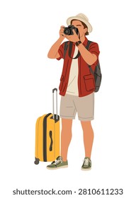 Traveler captures moments with camera, hat, and suitcase. Cartoon style shows adventure, exploration, and photography. Bright colors suggest joyful, carefree journeys and discovery