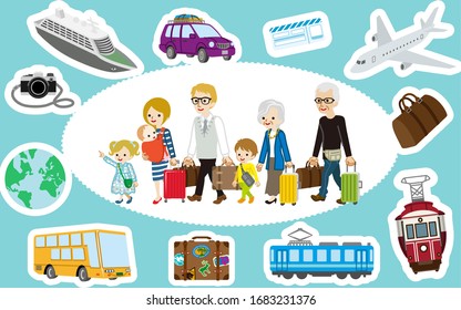 Traveler Of Caucasian Multi Generation Family And Transportation Icon Set