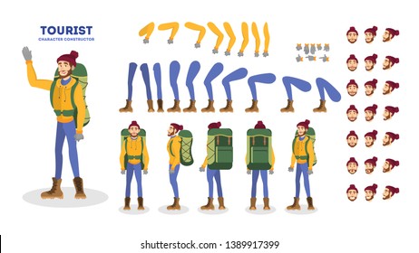 Traveler character animation set. Active and extreme lifestyle. Travel or adventure. Outdoor activity. Tourist with backpack. Vector illustration in cartoon style