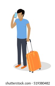Traveler character icon. Man in casual clothes with trolley suitcase talking on phone template vector illustration isolated on white background. For travel concepts, app, logo, infographic design