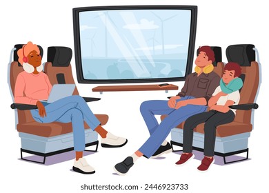 Personajes Viajeros En El Tren, Enclavados Contra La Ventana, Apoyados En Vacantes Con Sus Almohadas De Viaje. Personas Que Buscan Comodidad Y Apariencia De Descanso En Medio Del Zumbido De La Locomotora. Ilustración vectorial de dibujos animados