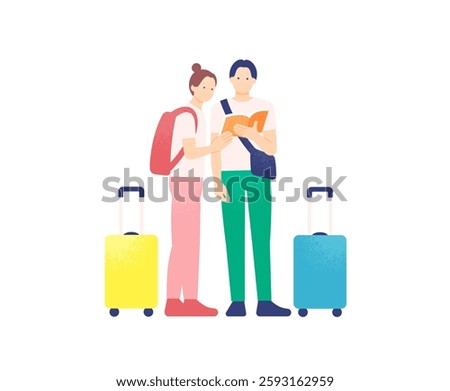 Traveler checking a guidebook. Vector illustration of sightseeing and travel.