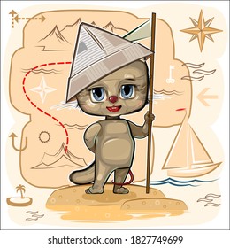 Сat is a traveler. Child Game. Map with a route. Search for pirate treasure on the island and fun sea adventures. Cute kid animal. Cartoon style. Isolated on white background. Vector
