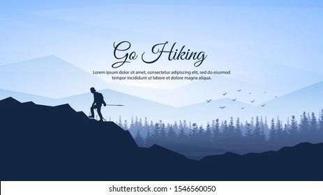 Traveler climbs. Travel concept of discovering, exploring and observing nature. Hiking. Adventure tourism. The guy walking with backpack and travel walking sticks. Website template. Natural wallpaper