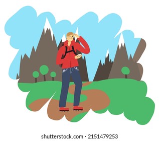 Traveler with a compass on a hike walks along the road to the mountains. Vector illustration