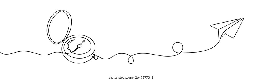 Traveler compass and paper plane in one continuous line drawing. Map guide and new adventure symbol in simple linear style. Business strategy concept in editable stroke. Doodle vector illustration