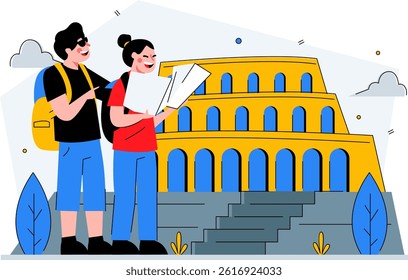 Traveler couple enjoying the colosseum