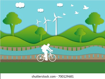 A traveler of cyclists on a nature background. Forest, river. Summer. Vector illustration. Character. Transport. Paper art.