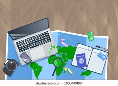 Traveler Desktop With Laptop, Map, Photo Camera And Passport Top View Vacation Planning Concept Flat Vector Illustration