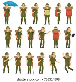 the traveler in different poses set. vector illustration