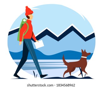 Traveler with the dog walking along the mountains and forests. The concept of active holiday in winter. Vector illustration in flat style.