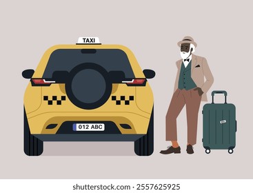 A traveler in elegant attire stands beside a yellow taxi at the airport, ready to embark on a journey, Dressed in stylish costume, he waits with a suitcase, embracing the excitement of exploration