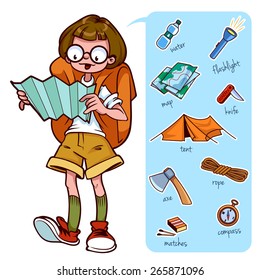 Traveler and elements for hike and camp. Woman with map. Vector clip-art illustration on a white background.