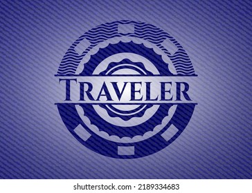 Traveler emblem with jean high quality background. Vector Illustration. Detailed. 