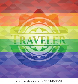 Traveler emblem on mosaic background with the colors of the LGBT flag