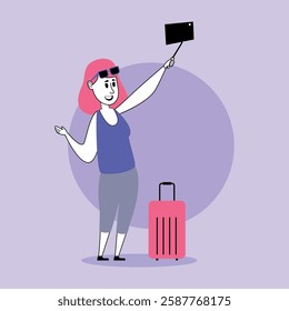 Traveler enthusiastically taking selfie with camera on stick while standing next to suitcase