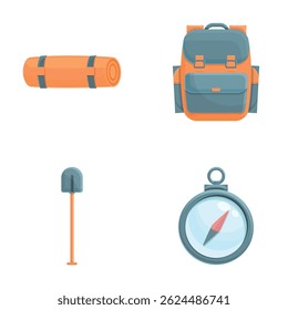 Traveler equipment icons set cartoon vector. Various tool for travel. Active lifestyle