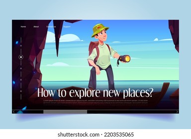 Traveler explore new places cartoon landing page. Tourist man with flashlight and backpack at mountain cave with seaview landscape. Extreme hiking sport, travel tour, adventure, Vector web banner