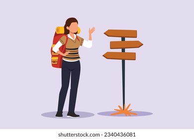 Traveler or explorer on mountain or valley concept. Colored flat vector illustration isolated. 