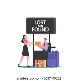 Traveler Female Character Claim her Bag in Lost and Found Luggage Office in Airport. Happy Passenger Lose Baggage. Woman Receive Clutch from Worker in Service Stall. Cartoon People Vector Illustration