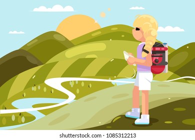 Traveler female girl backpack looking map landscape nature flat design vector illustration