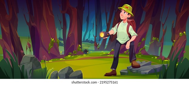 Traveler With Flashlight And Backpack In Night Forest. Tourist At Dark Wood Landscape Search The Route Or Right Way. Hiking Sport, Orienteering, Travel Journey, Adventure Cartoon Vector Illustration