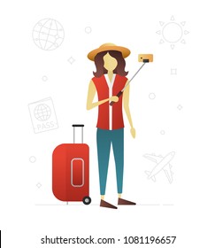 Traveler flat character design. Tourist. Passenger. Woman with baggage and monopod. Vector isolated illustration