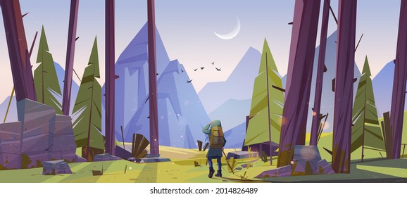 Traveler at forest with mountains view at morning