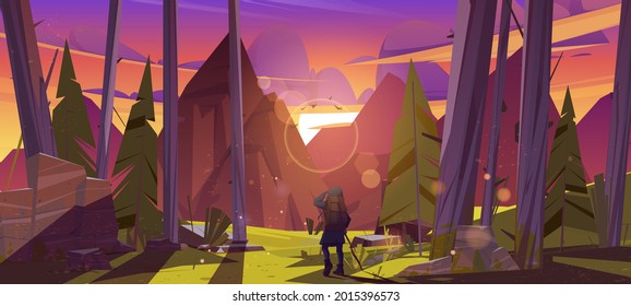 Traveler at forest with mountains view at sunset