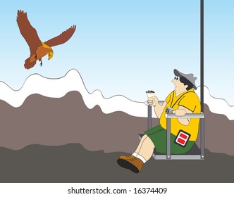 the traveler is frighting a eagle