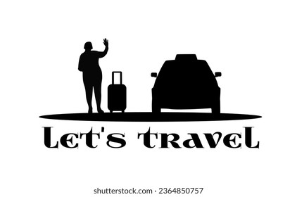 “SHOTLISTS3niorLife”. 
Traveler full body silhouette. Elderly woman, elderly lady, senior with suitcase, tourist, voyage, taxi car transport. Black vector illustrations isolated on white background.