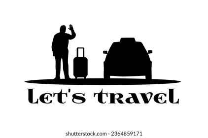 “SHOTLISTS3niorLife”. 
Traveler full body silhouette. Elderly man, old man, senior with suitcase, tourist, voyage, taxi car transport. Black vector illustrations isolated on white 