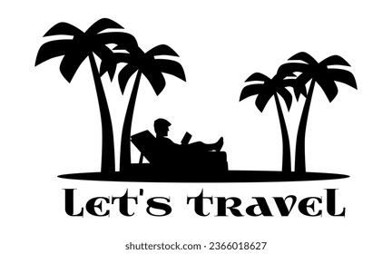 “SHOTLISTtravel”. Traveler full body silhouette. Elderly man reading a book. Old man sitting on deck chairs at beach, palm trees,  tourist, relax. 