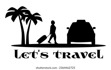 “SHOTLISTS3niorLife”. 
Traveler full body silhouette. Woman, elderly lady, senior with suitcase, tourist, palm trees, taxi car transport. Black vector illustrations isolated on white background.