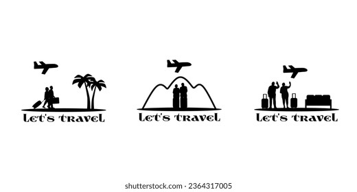 “SHOTLISTtravel”. Traveler full body silhouettes. Elderly couple, seniors with suitcase at airport, palm trees, airport bench, plane. Vector.