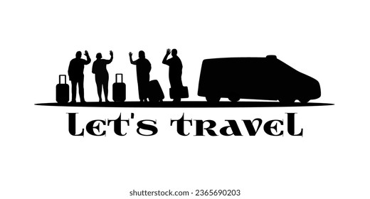 "SHOTLISTS3niorLife". Silhouettes de cuerpo completo para viajeros. Amigos mayores, adultos mayores con maleta, turistas, viajes, transporte en taxi. Ilustraciones vectoriales negras aisladas en blanco.