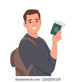 Traveler fun young teen boy student man wear casual clothes backpack bag hold passport ticket show thumb up. Flat vector illustration isolated on white background