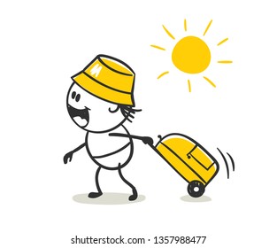 Traveler. Funny little men with a big suitcase, vector illustration.